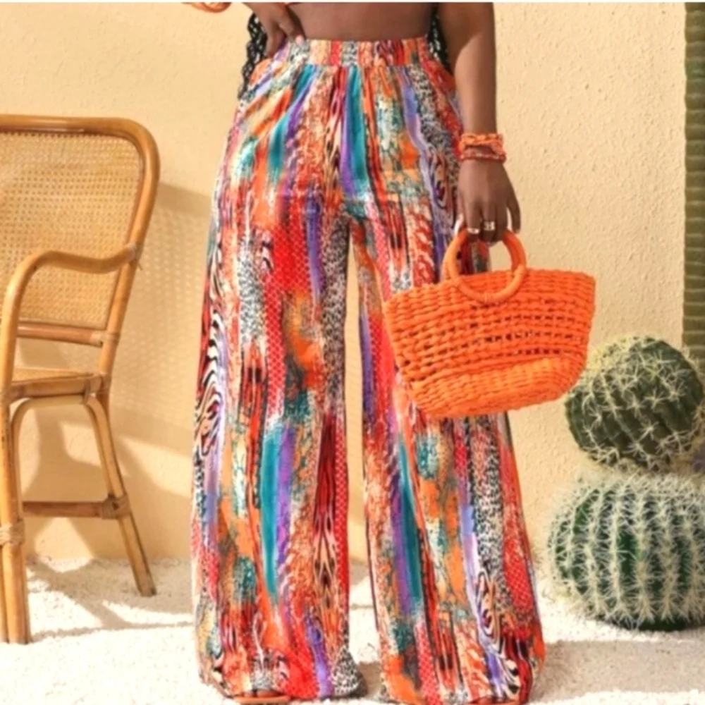 Womens Vibrant Multicolor Wide-Leg Pants Sz Large - Picture 1 of 6